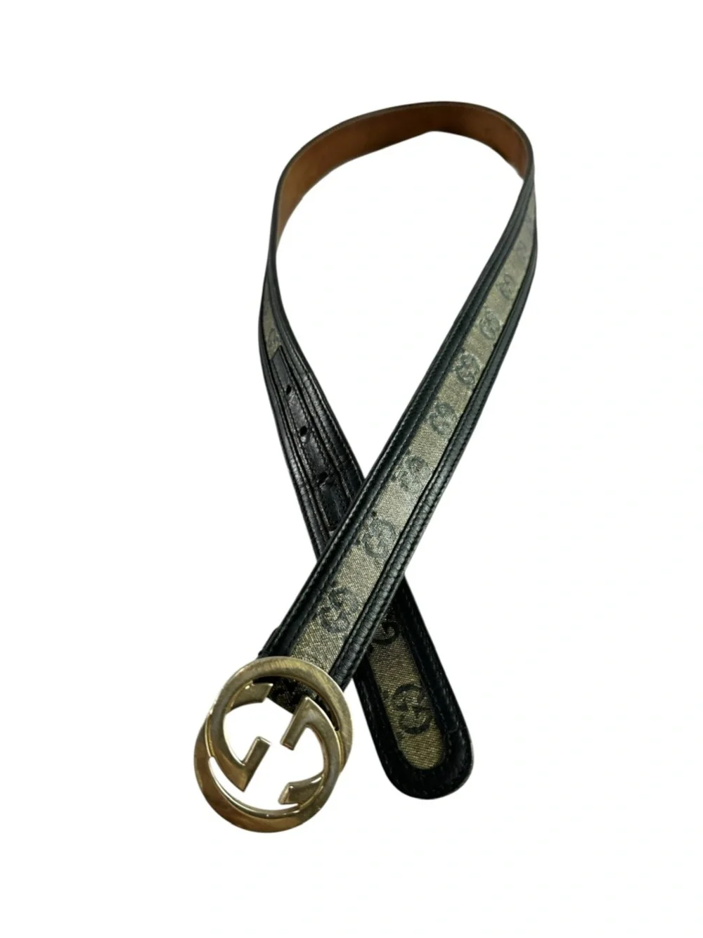 Genuine Vintage GUCCI Black Leather Canvas Interlocking GG Gold Buckle Belt 34